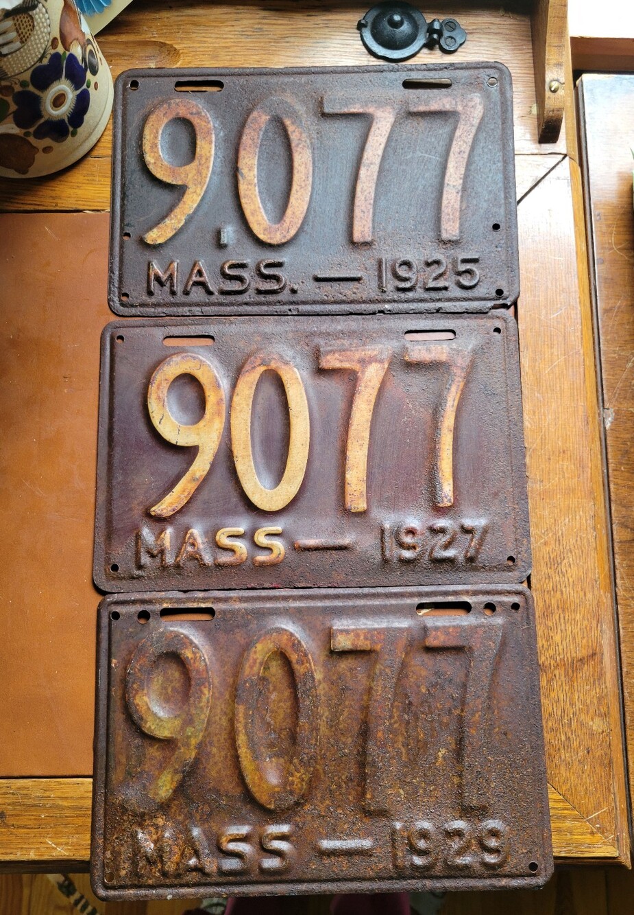 Vintage MA License Plate Matched Number Set 1925 1927 1929 Massachusetts 9077